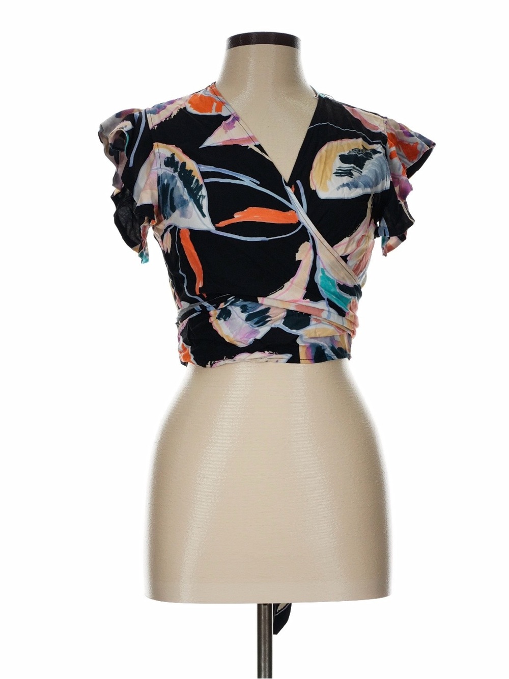 Maaji Black Floral Wrap Crop Top with Multicolor Abstract Print